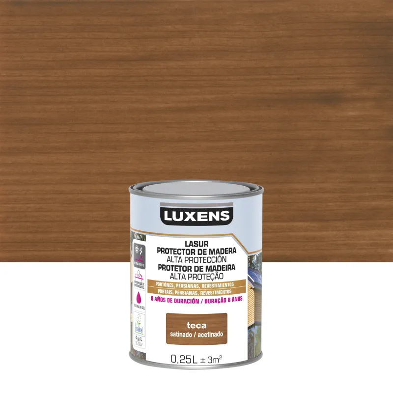 Protector madera exterior color teca para caseta de jardín, valla, cancela, fachada, friso luxens satinado 250 ml base agua