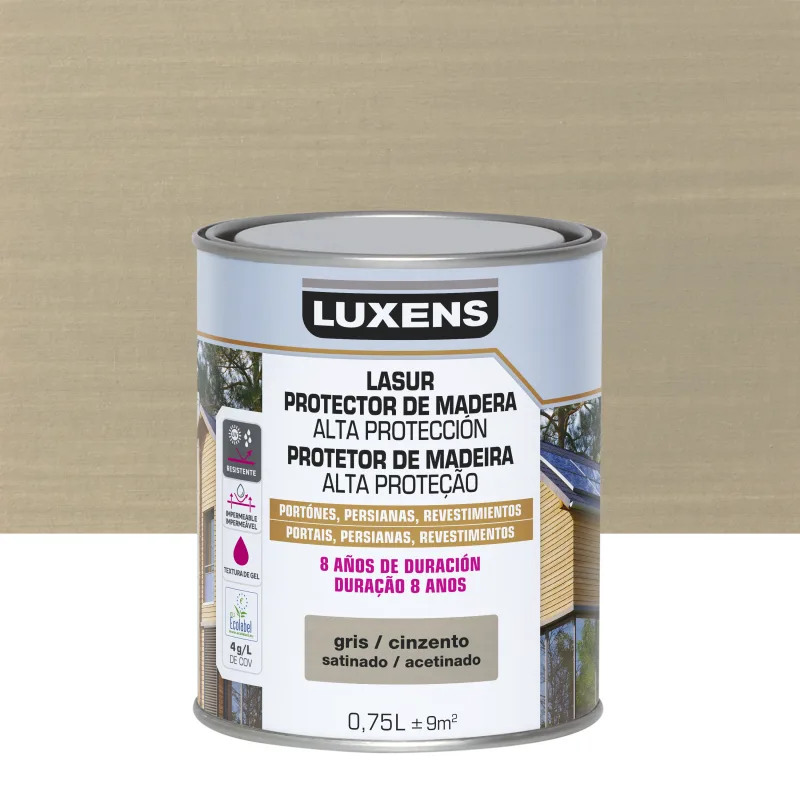 Protector madera exterior color gris para valla, caseta de jardín, cancela, fachada luxens satinado 750 ml base agua
