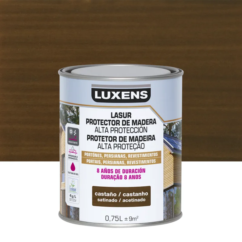 Protector madera exterior color castaño para caseta de jardín, valla, cancela, fachada, friso luxens satinado 750 ml base agua