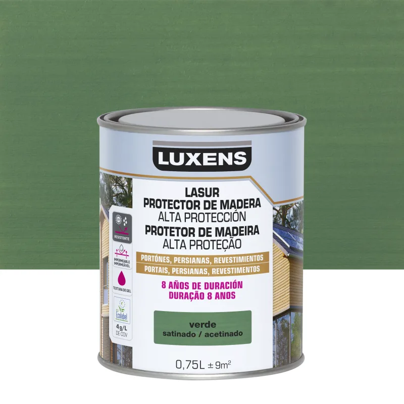 Protector madera exterior color verde para valla, caseta de jardín, cancela, fachada luxens satinado 750 ml base agua