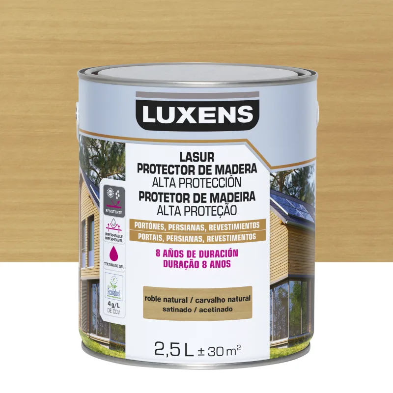 Protector madera exterior color roble natural para caseta de jardín, valla, cancela, fachada, friso luxens satinado 2.5l base agua