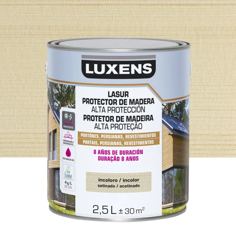 Protector madera exterior color incoloro para valla, caseta de jardín, cancela, fachada, friso, persiana luxens satinado 2.5l base agua