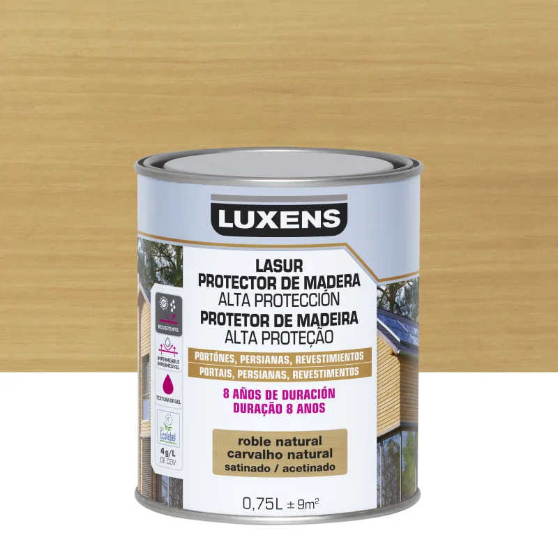 Protector madera exterior color roble natural para valla, caseta de jardín, cancela, fachada luxens satinado 750 ml base agua