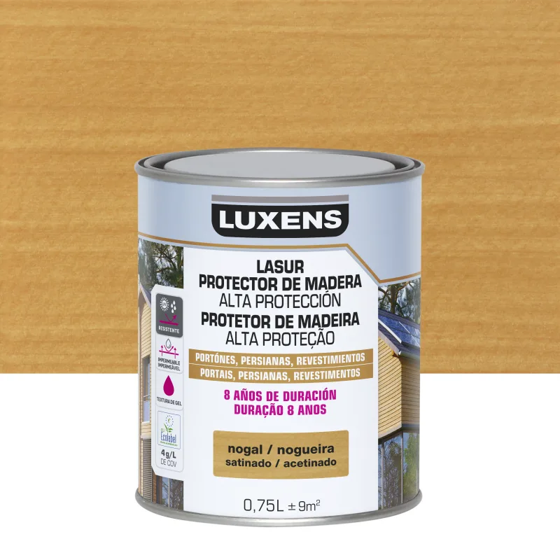 Protector madera exterior color nogal para caseta de jardín, valla, cancela, fachada, friso luxens satinado 750 ml base agua