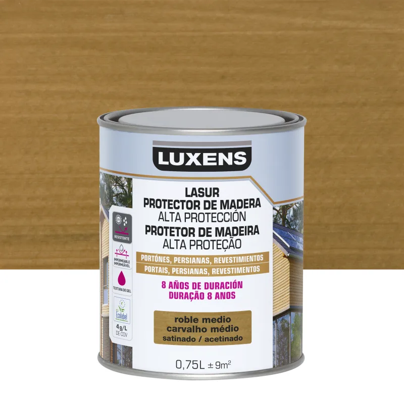 Protector madera exterior color roble medio para valla, cancela, caseta de jardín luxens satinado 750 ml base agua