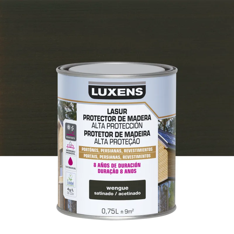 Protector madera exterior color wengue para caseta de jardín, valla, cancela, fachada, friso luxens satinado 750 ml base agua