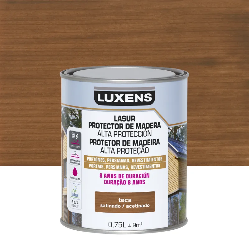 Protector madera exterior color teca para caseta de jardín, valla, cancela, fachada, friso luxens satinado 750 ml base agua