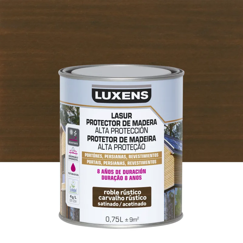 Protector madera exterior color roble oscuro para valla, caseta de jardín, cancela, fachada luxens satinado 750 ml base agua