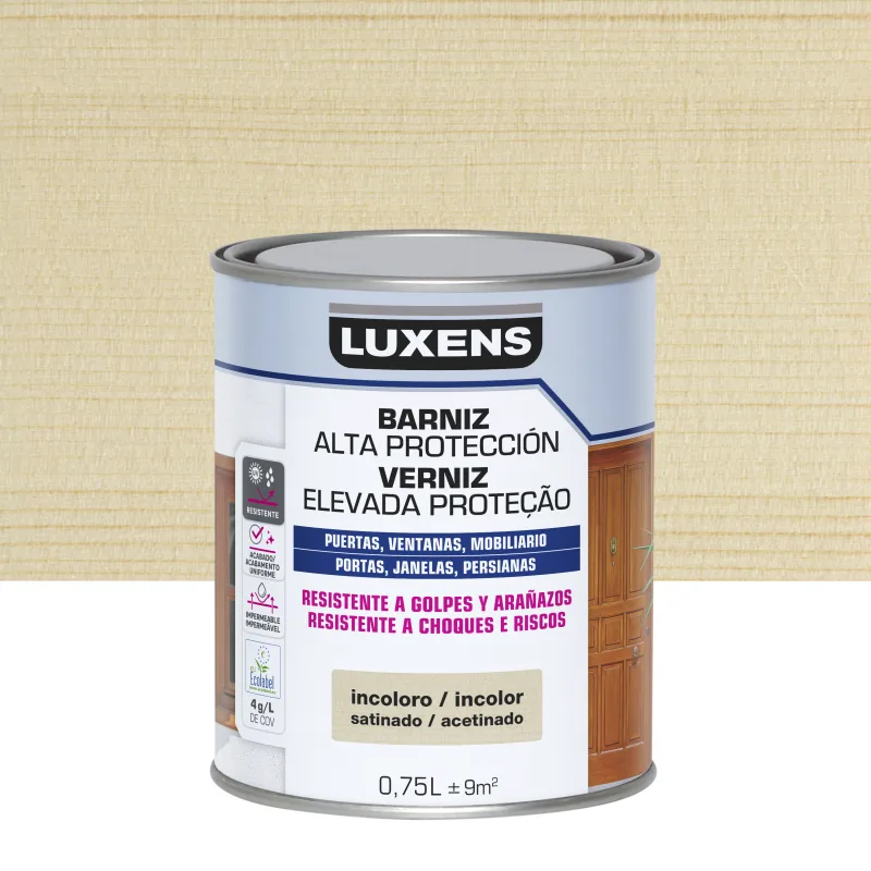 Barniz de madera de exterior color incoloro para ventana, puerta, persiana, valla, mobiliario, cancela luxens satinado 750 ml base agua