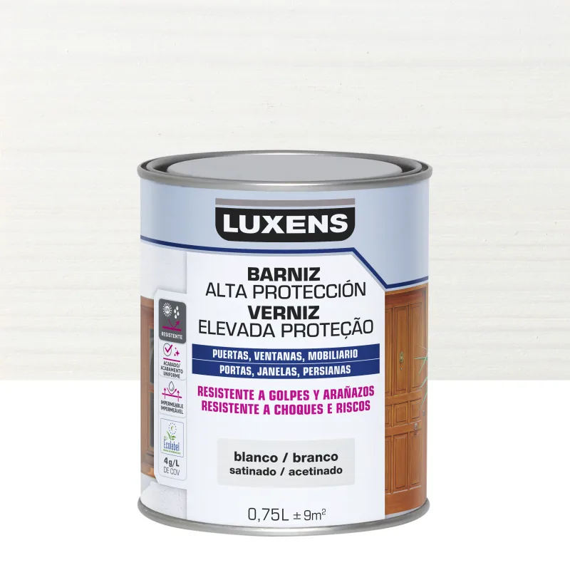 Barniz de madera de exterior color blanco para ventana, puerta, valla, mobiliario, cancela luxens satinado 750 ml base agua