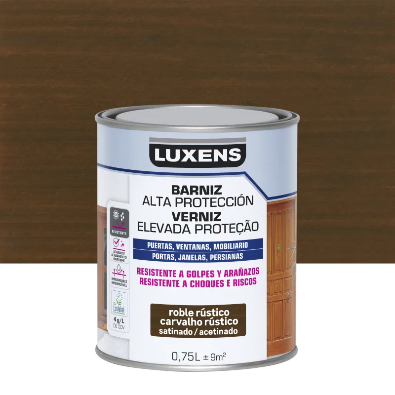 Barniz de madera de exterior color roble oscuro para ventana, puerta, persiana, valla, mobiliario, cancela luxens satinado 750 ml base agua