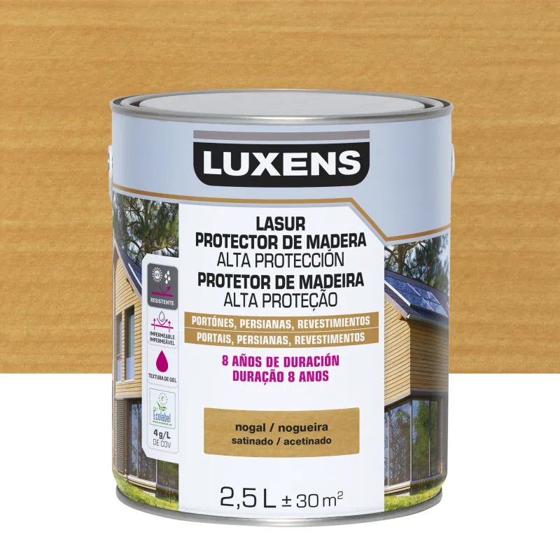 Protector madera exterior color nogal para caseta de jardín, valla, cancela, fachada luxens satinado 2.5l base agua