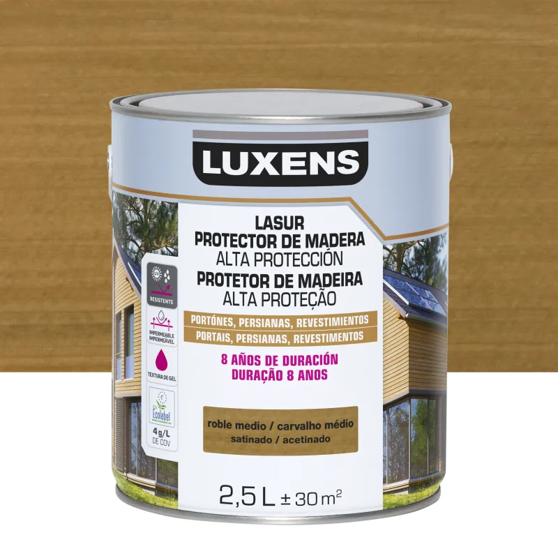 Protector madera exterior color roble medio para valla, cancela, caseta de jardín luxens satinado 2.5l base agua