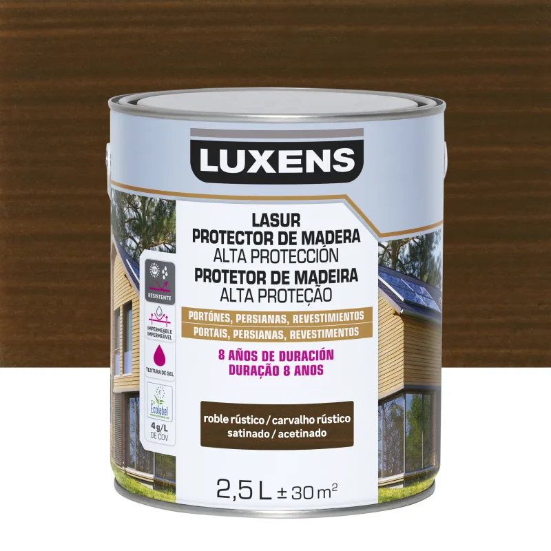 Protector madera exterior color roble oscuro para valla, caseta de jardín, cancela, fachada luxens satinado 2.5l base agua