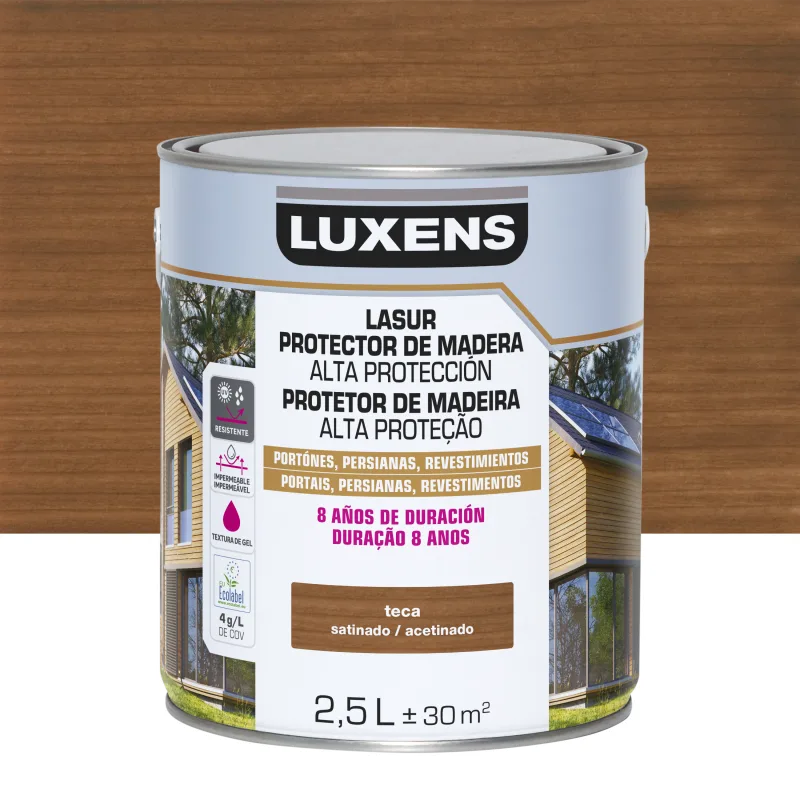 Protector madera exterior color teca para caseta de jardín, valla, cancela, fachada luxens satinado 2.5l base agua