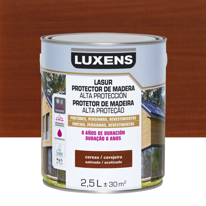 Protector madera exterior color cerezo para valla, cancela, caseta de jardín luxens satinado 2.5l base agua