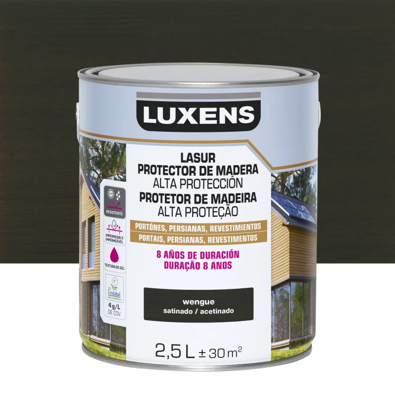 Protector madera exterior color wengue para valla, caseta de jardín, cancela, fachada luxens satinado 2.5l base agua