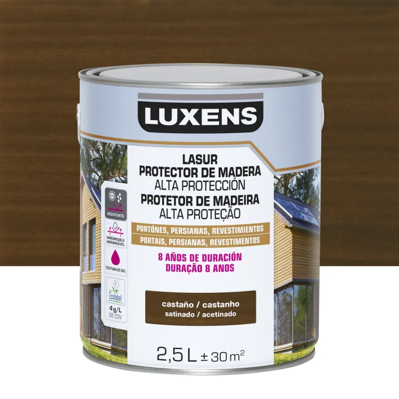 Protector madera exterior color castaño para caseta de jardín, valla, cancela, fachada luxens satinado 2.5l base agua