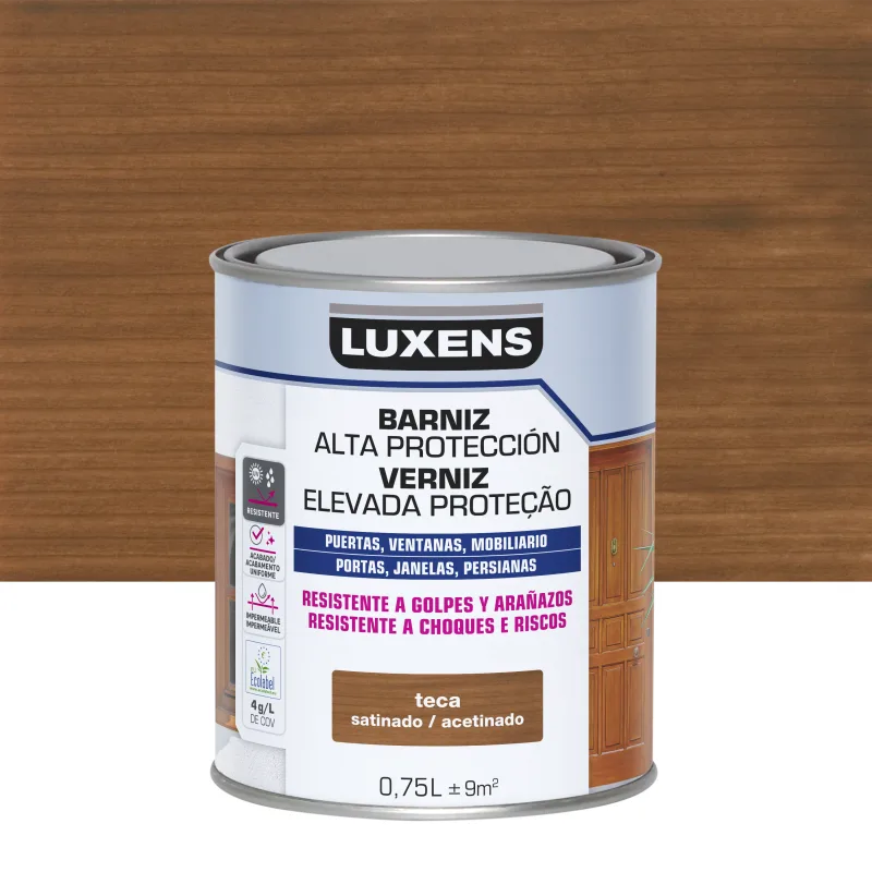 Barniz de madera de exterior color teca para ventana, puerta, persiana, valla, mobiliario, cancela luxens satinado 750 ml base agua