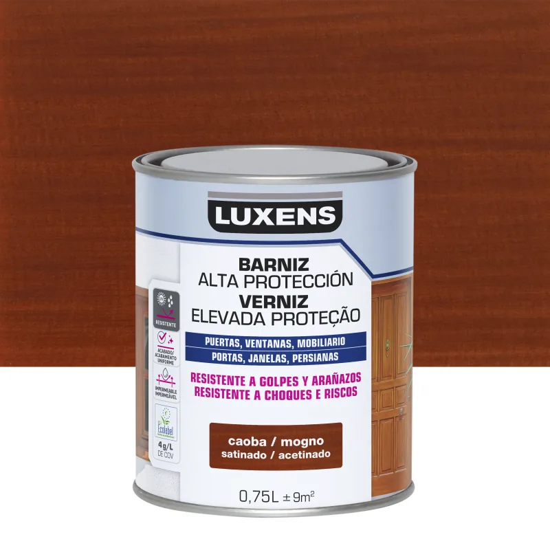 Barniz de madera de exterior color caoba para ventana, puerta, persiana, valla, mobiliario, cancela luxens satinado 750 ml base agua