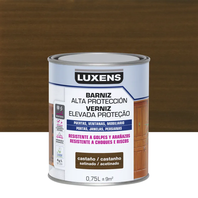 Barniz de madera de exterior color castaño para ventana, puerta, persiana, valla, mobiliario, cancela luxens satinado 750 ml base agua
