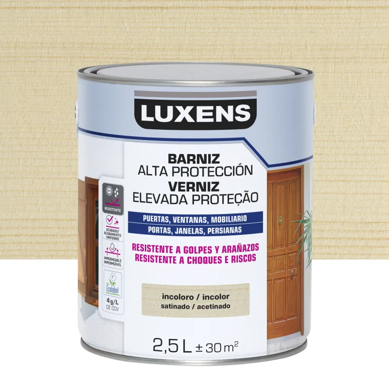 Barniz de madera de exterior color incoloro para ventana, puerta, persiana, valla, mobiliario, cancela luxens satinado 2.5l base agua