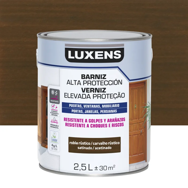 Barniz de madera de exterior color roble oscuro para ventana, puerta, persiana, valla, mobiliario, cancela luxens satinado 2.5l base agua