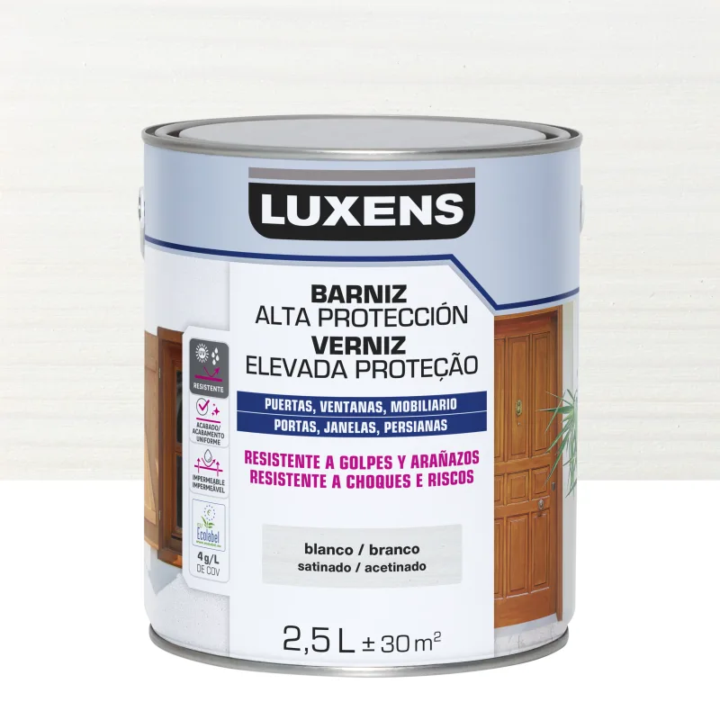 Barniz de madera de exterior color blanco para ventana, puerta, valla, mobiliario, cancela luxens satinado 2.5l base agua