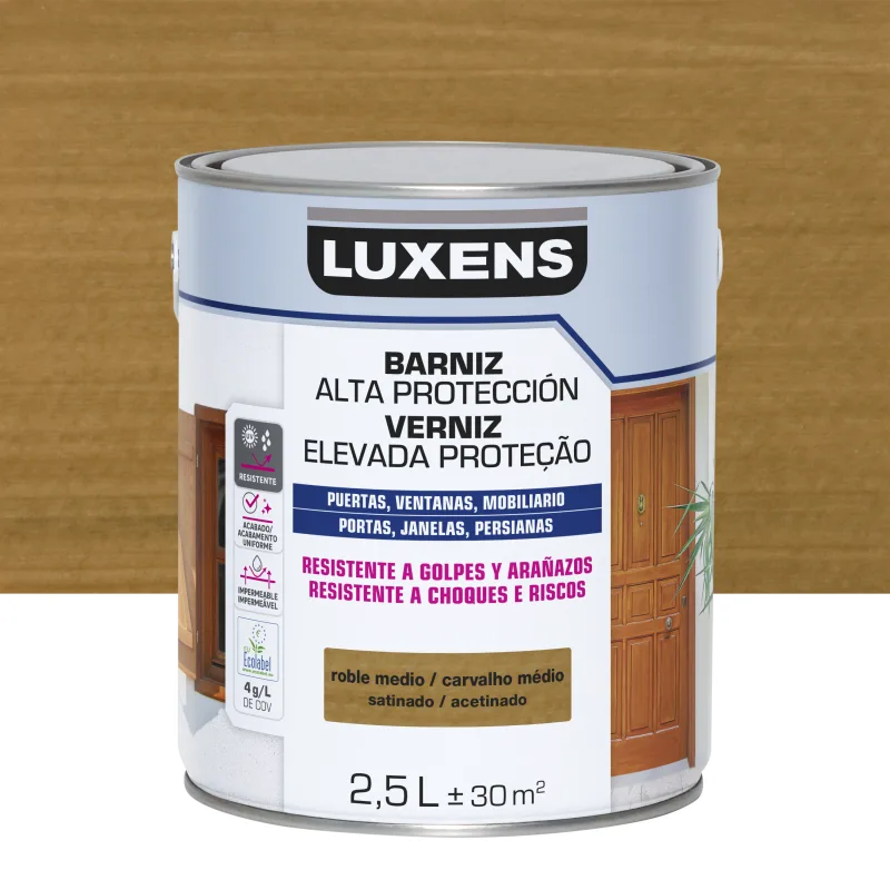 Barniz de madera de exterior color roble medio para ventana, puerta, persiana, valla, mobiliario, cancela luxens satinado 2.5l base agua