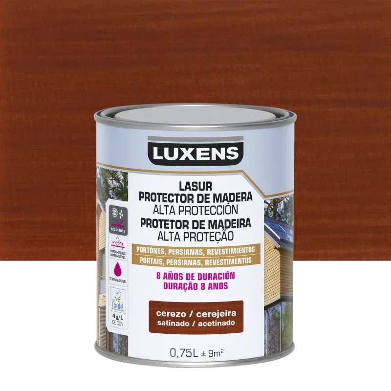 Protector madera exterior color cerezo para caseta de jardín, valla, cancela, fachada, friso luxens satinado 750 ml base agua