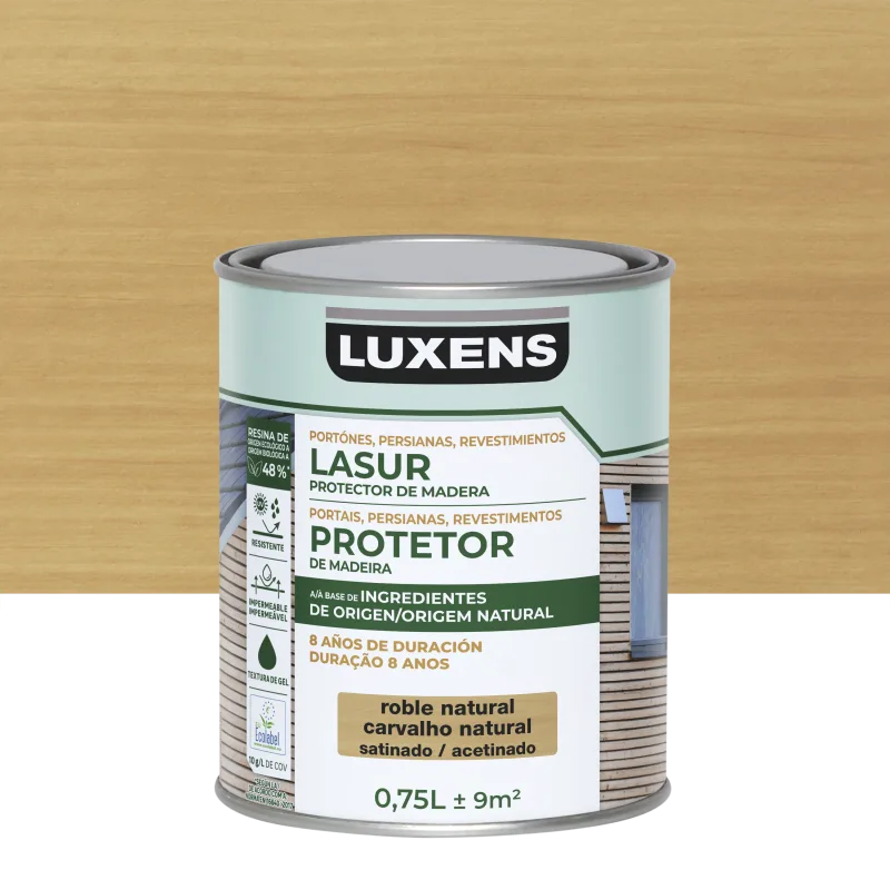 Protector madera exterior color roble natural para caseta de jardín luxens satinado 750 ml base agua
