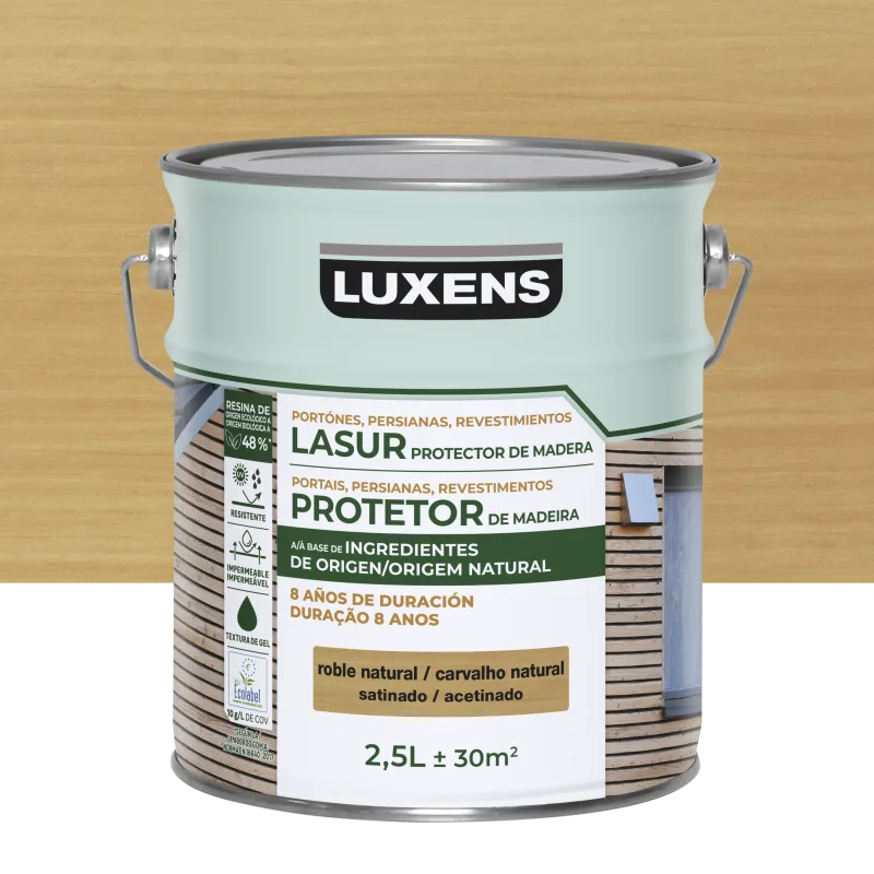 Protector madera exterior color roble natural para caseta de jardín luxens satinado 2.5l base agua