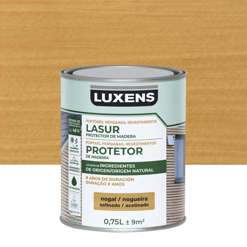 Protector madera exterior color nogal para caseta de jardín luxens satinado 750 ml base agua