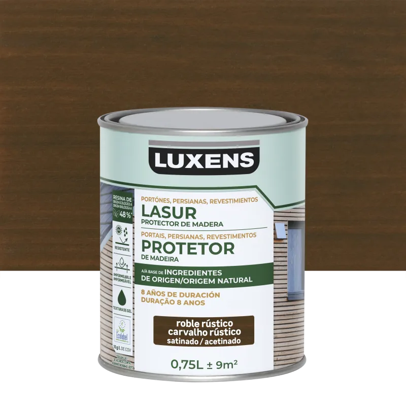 Protector madera exterior color roble oscuro para caseta de jardín luxens satinado 750 ml base agua