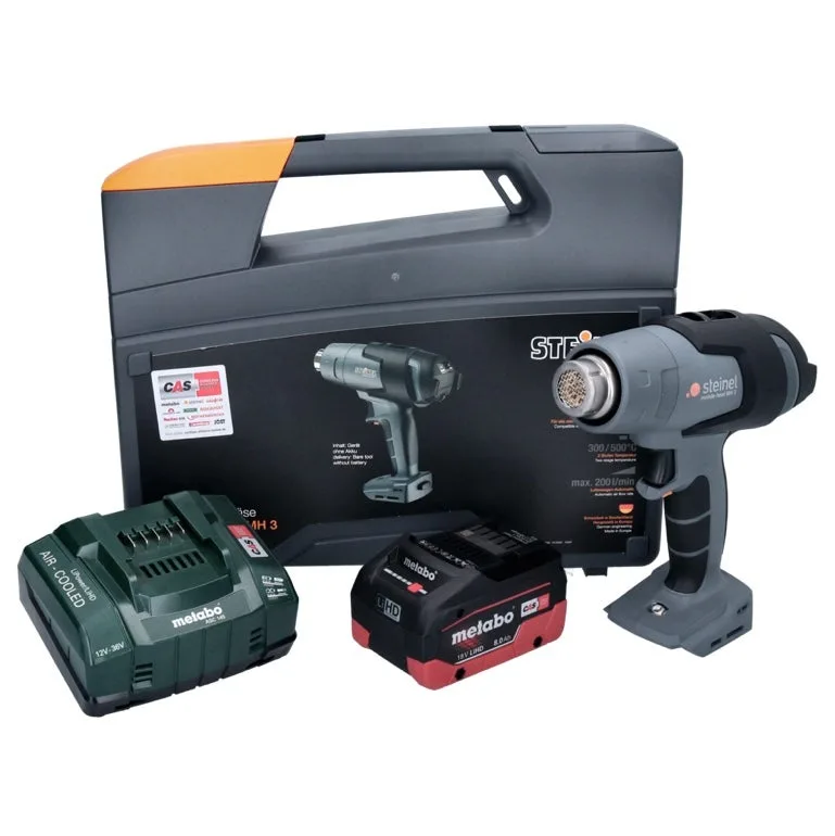 Steinel mobile heat mh 3 pistolet à air chaud sans fil, 18 v 300 / 500 °c cas + 1x batterie 8 ah + chargeur + coffret (066604)