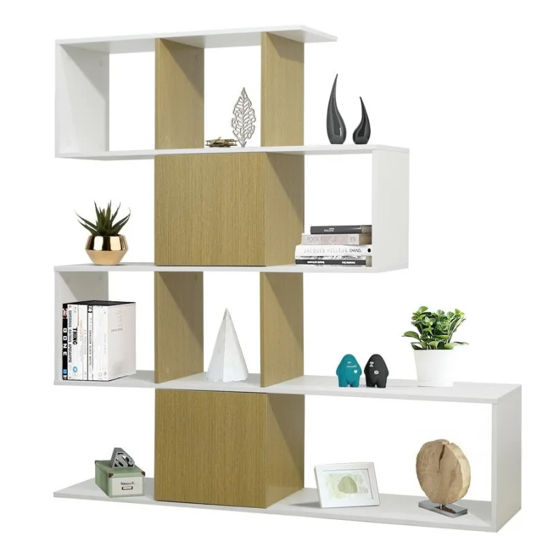 Librería zig zag con 4 estantes en madera blanca y natural 145x145 cm