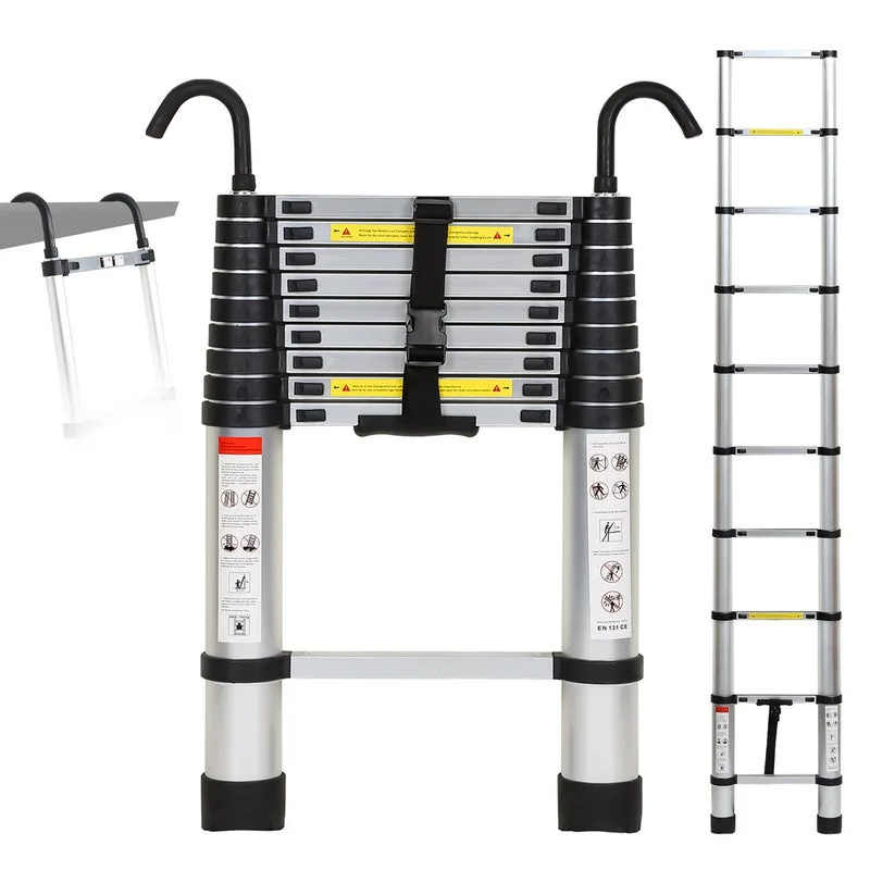 Escalera telescópica con gancho escalera tijera aluminio plata 2,6m
