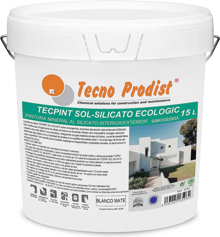 Tecpint sol-silicato ecologic de tecno prodist pintura al silicato mineral exterior e interior al agua natural transpirable - blanco - 15 litros