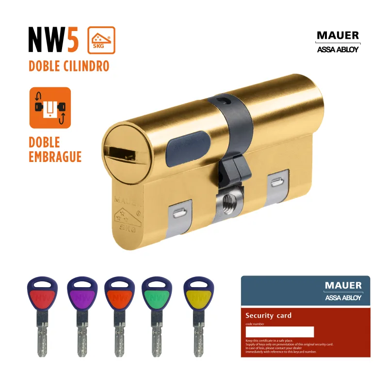 Cilindro perfil europeo, doble embrague de 31 + 31 mm mauer nw5 dorado