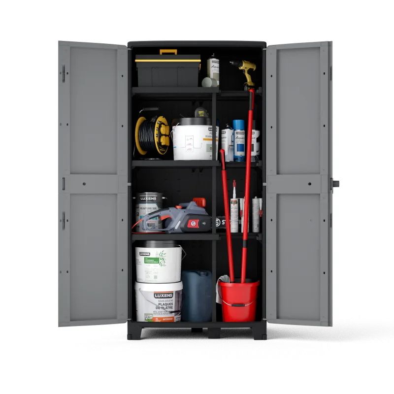 Armario escobero de polipropileno con 2 puertas y 3 baldas en gris, negro 180x85x52cm