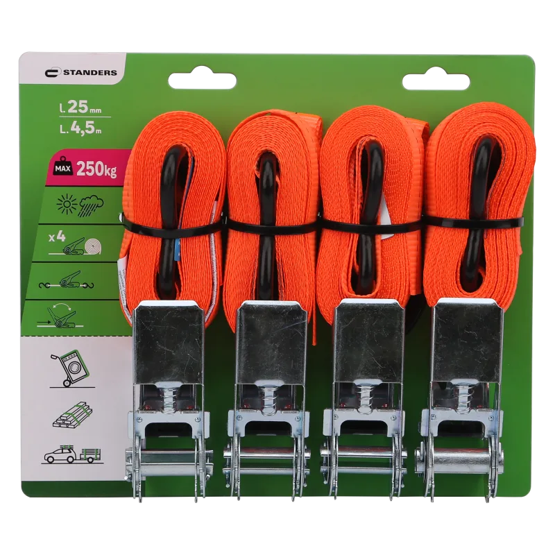 4 correa de sujeción con tensor de carraca y gancho de 4.5 m y carga máx. 250 kg