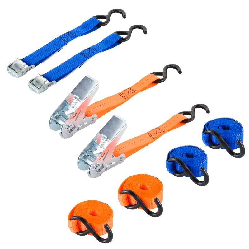 2 correas c/hebilla de leva + 2 correas c/tensor de carraca+ 4 ganchos