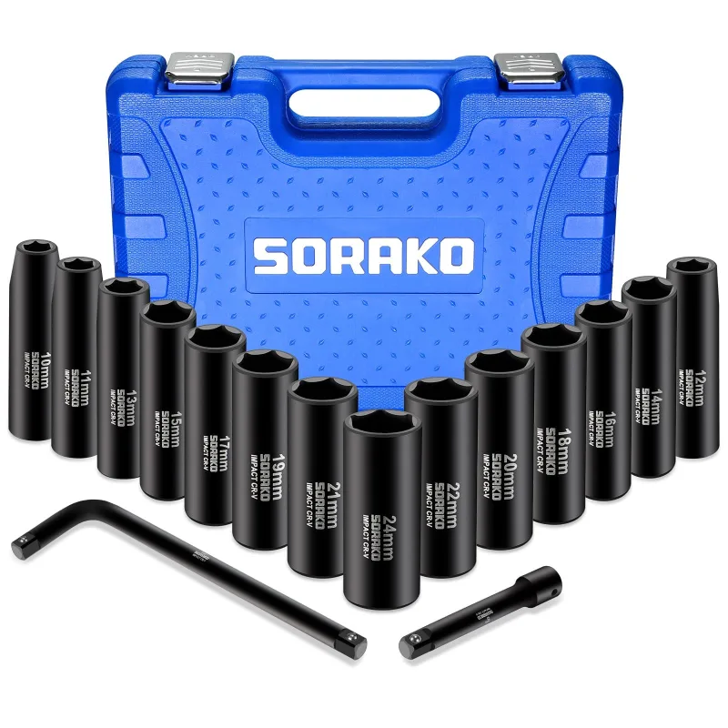 Sorako 1/2 set bussole a impatto, 16 pcs set di chiavi a bussola 10-24 mm, metriche, 6 punti, 2 pezzi componenti di espansione, con scatola d'immagaz