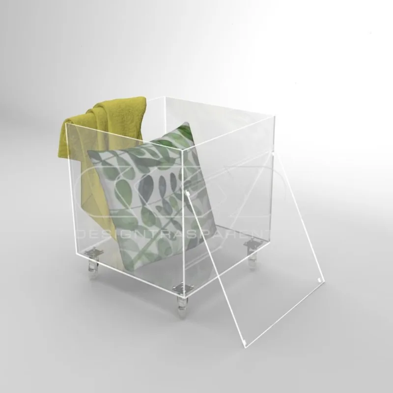Cubo contenedor 45x45x45 cm mesa de metacrilato transparente con ruedas y tapa