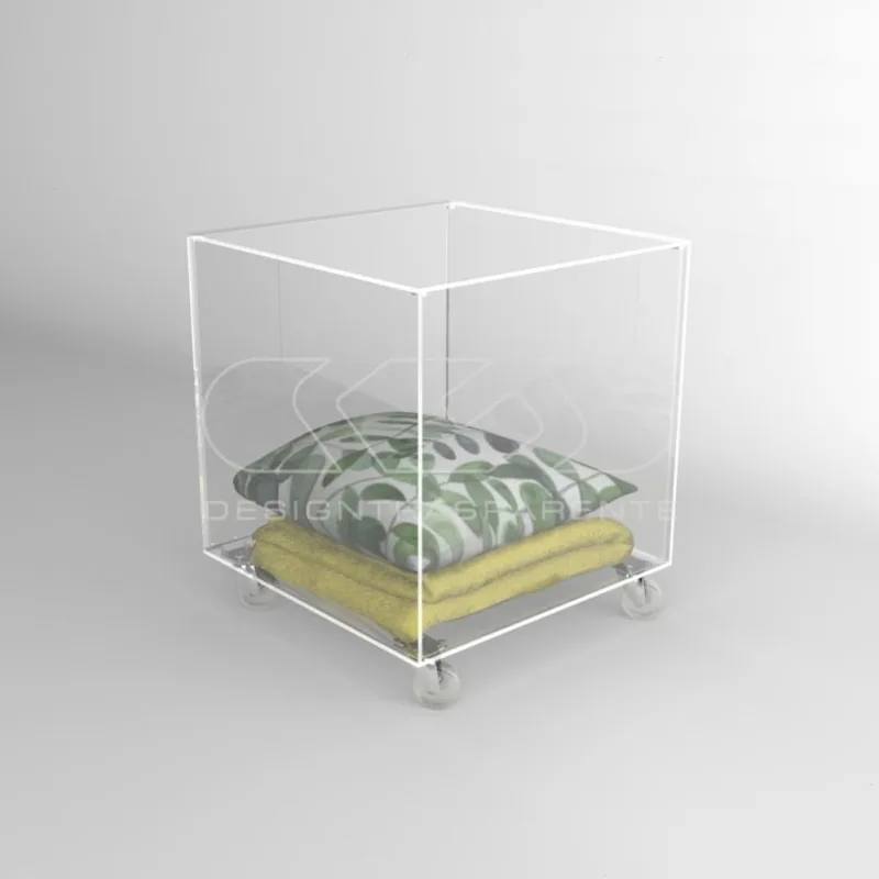 Cubo contenedor 35x35x35 cm mesa de metacrilato transparente con ruedas y tapa