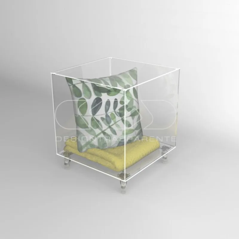 Cubo contenedor 40x40x50 cm mesa de metacrilato transparente con ruedas y tapa