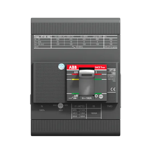 Disyuntor fijo tetrapolar tmax xt1c 160 con terminales frontales y disparadores termomagnéticos tmd r 160-1600 a