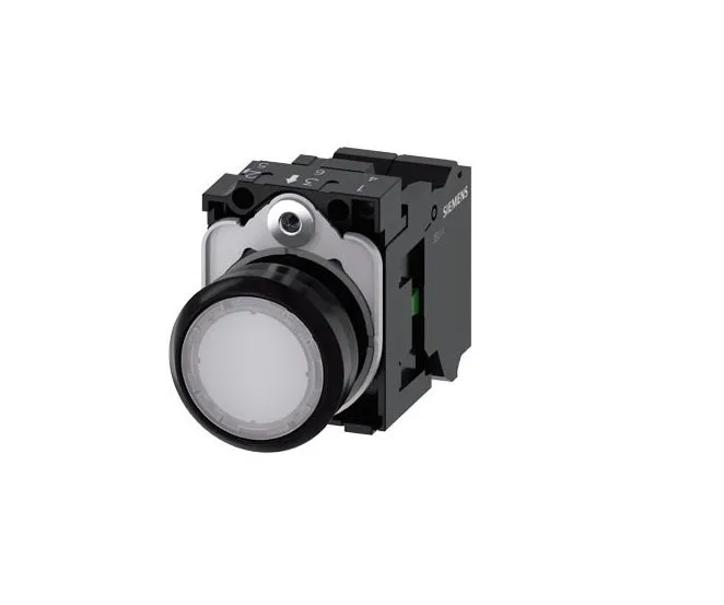 Pulsador luminoso, 22 mm, redondo, plástico, blanco, pulsador plano, contacto momentáneo, con soporte, 1 no, módulo led con led integrado 24 v ca/cc