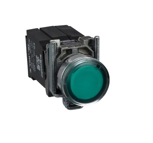 Pulsador iluminado verde ø22 rosca impulso 240v 1no+1nc