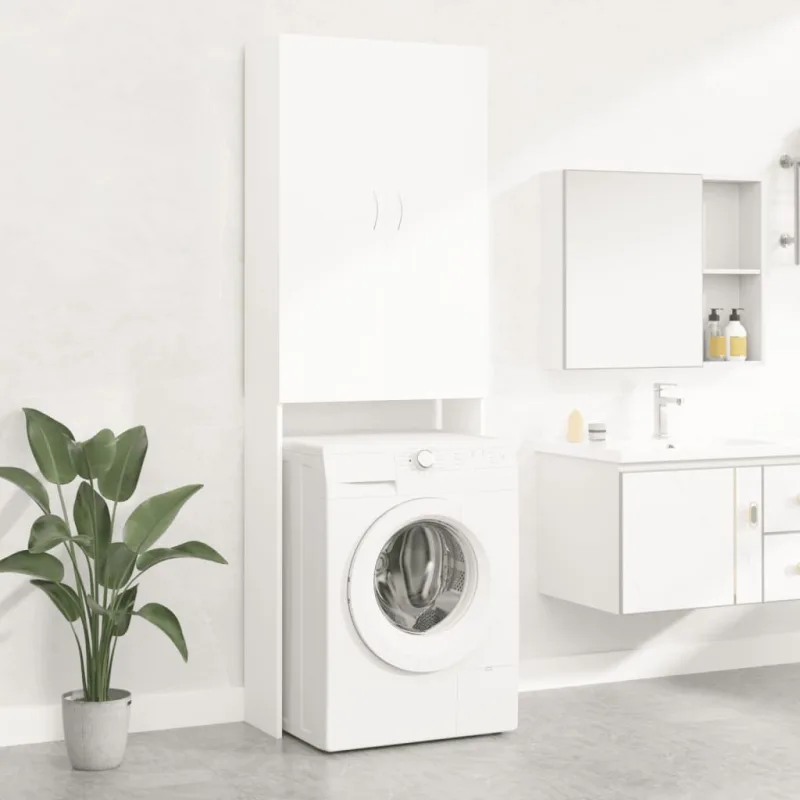 Armario blanco para lavadora 64x25,5x190 cm – 2 puertas, 3 estantes, organizador de baño